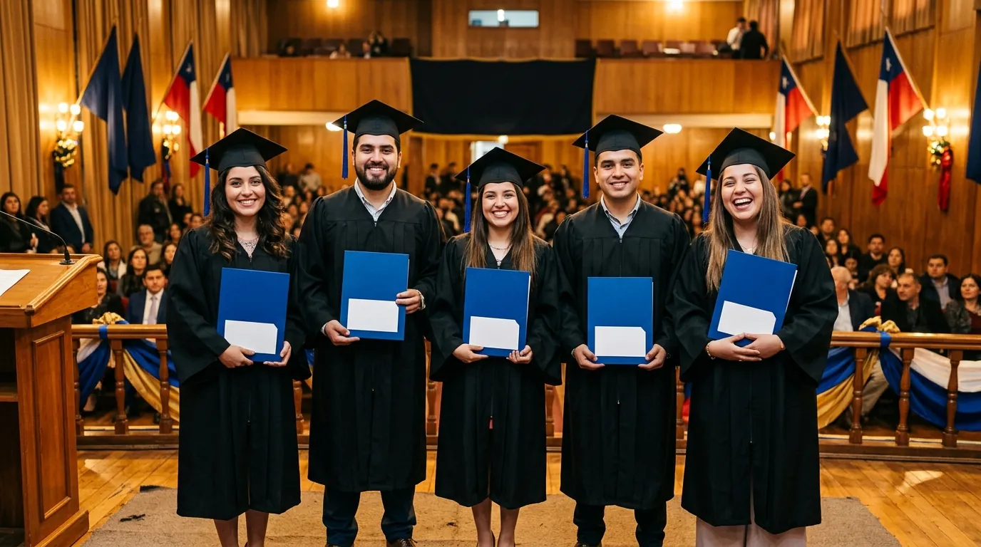 Ceremonia solemne de titulación con carpetas institucionales