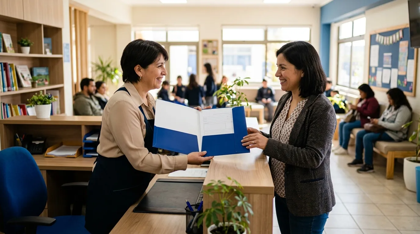 Secretaría de colegio entregando carpeta corporativa con logo